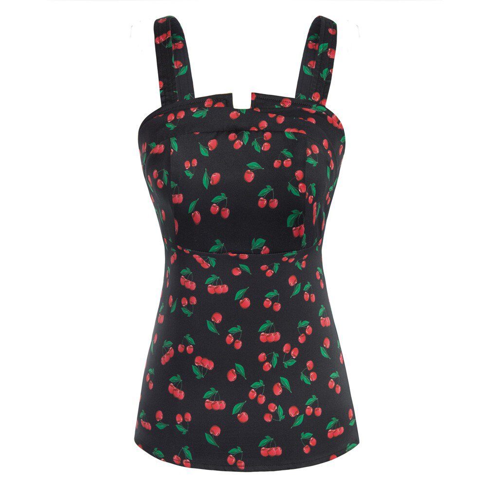 BP Summer Sleeveless Tops Women Vintage Cherries Print Blouse Wide Strap Smocked Back Slim Fit Tank Top 1950s Pin Up Style Shirt