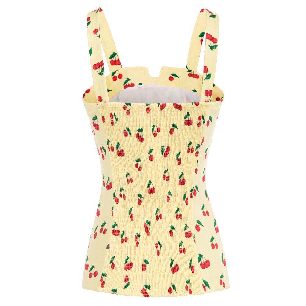 BP Summer Sleeveless Tops Women Vintage Cherries Print Blouse Wide Strap Smocked Back Slim Fit Tank Top 1950s Pin Up Style Shirt