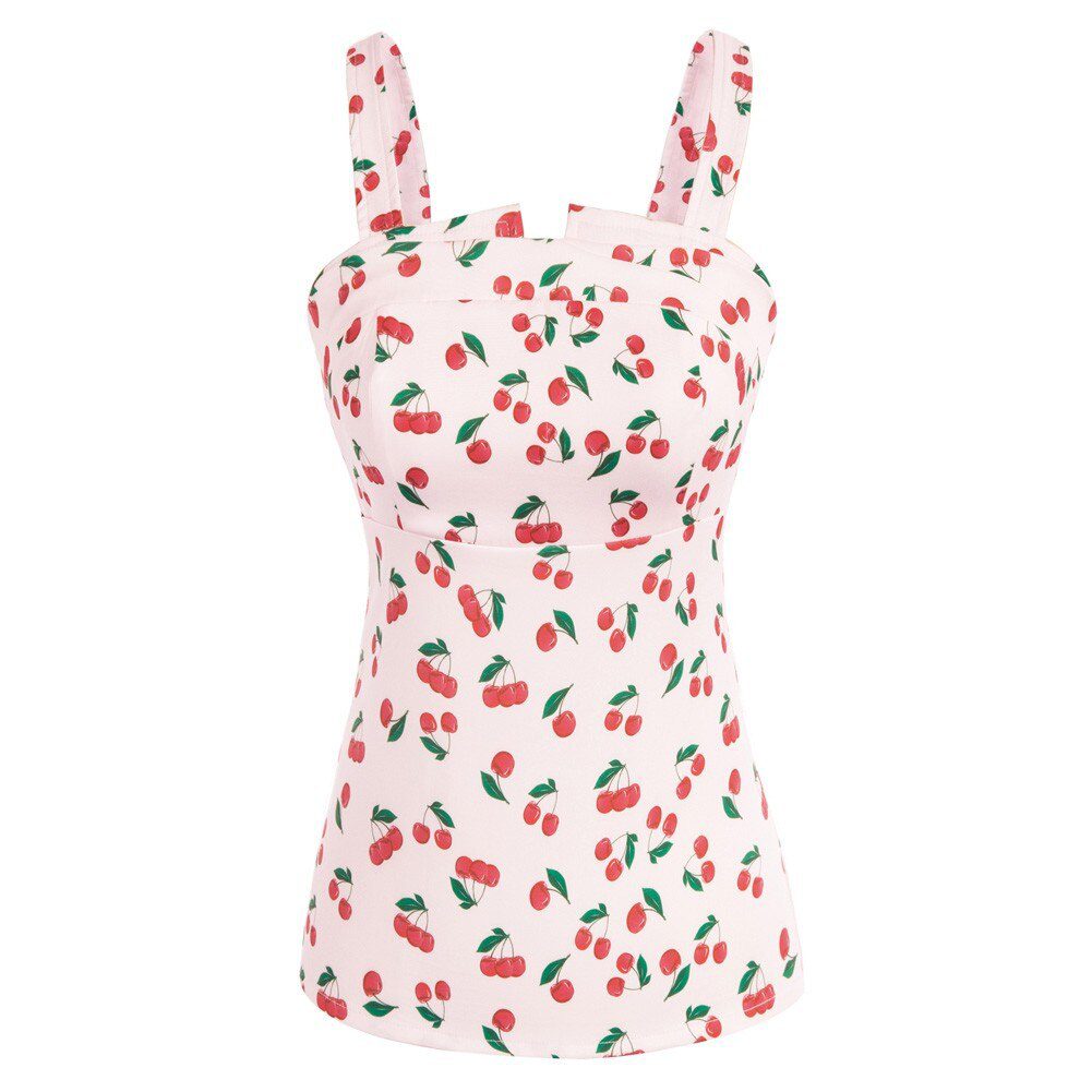 BP Women 1950S Vintage Cherries Print Tops Wide Straps Smocked Back Slim Fit Tank Top 1950s Pin Up Style Summer Blouse A20