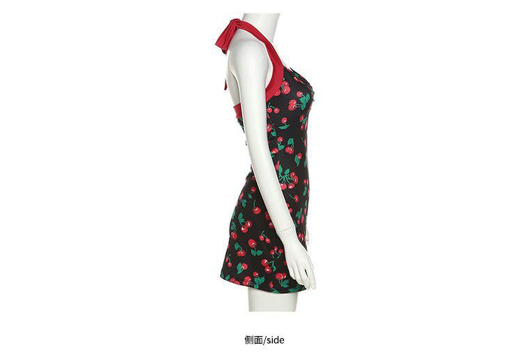 Hot Girl Style Retro Cherry Print Halter Neck Collarbone Dress Women Casual Temperament Slim All-match Knee-Length Bag Hip Skirt