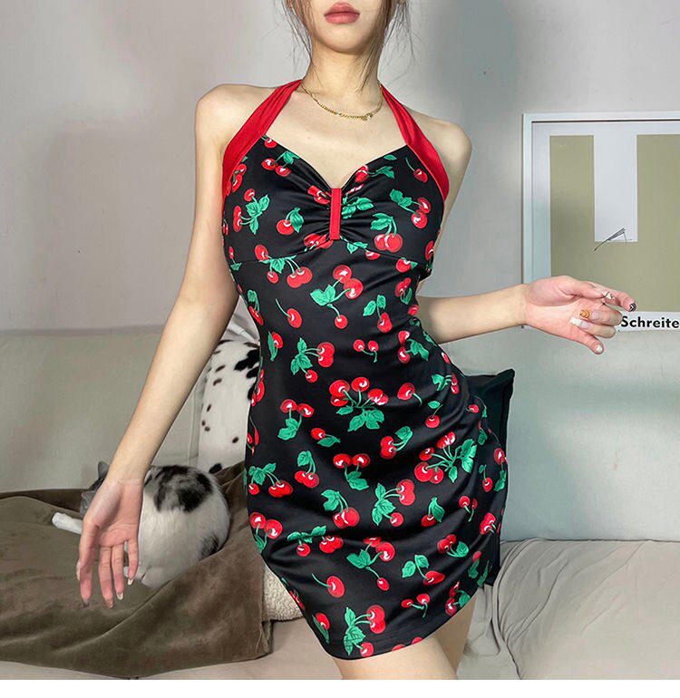 Hot Girl Style Retro Cherry Print Halter Neck Collarbone Dress Women Casual Temperament Slim All-match Knee-Length Bag Hip Skirt