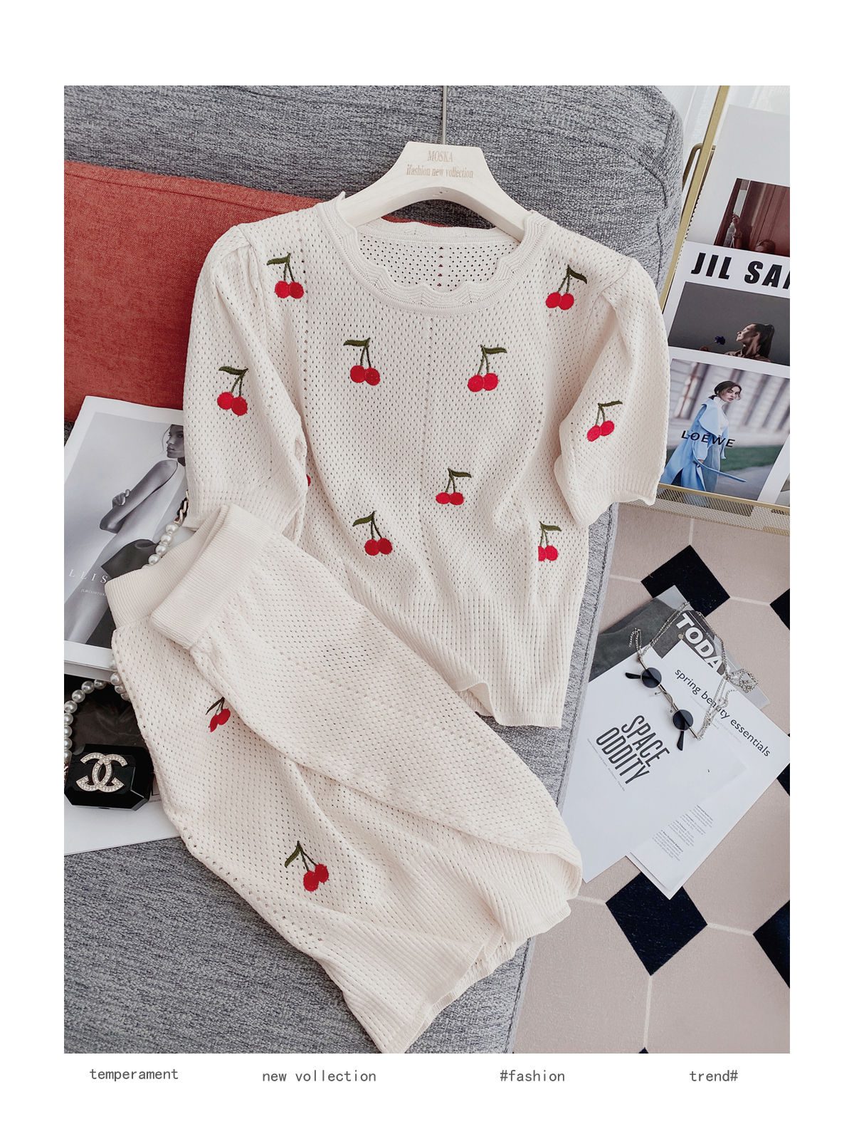 Knitting Suit Mini Skirt Summer Sweet Wind Girl Feeling Cherry Embroidery Women Short-Sleeved Blouse Hollow Out Two Piece Set