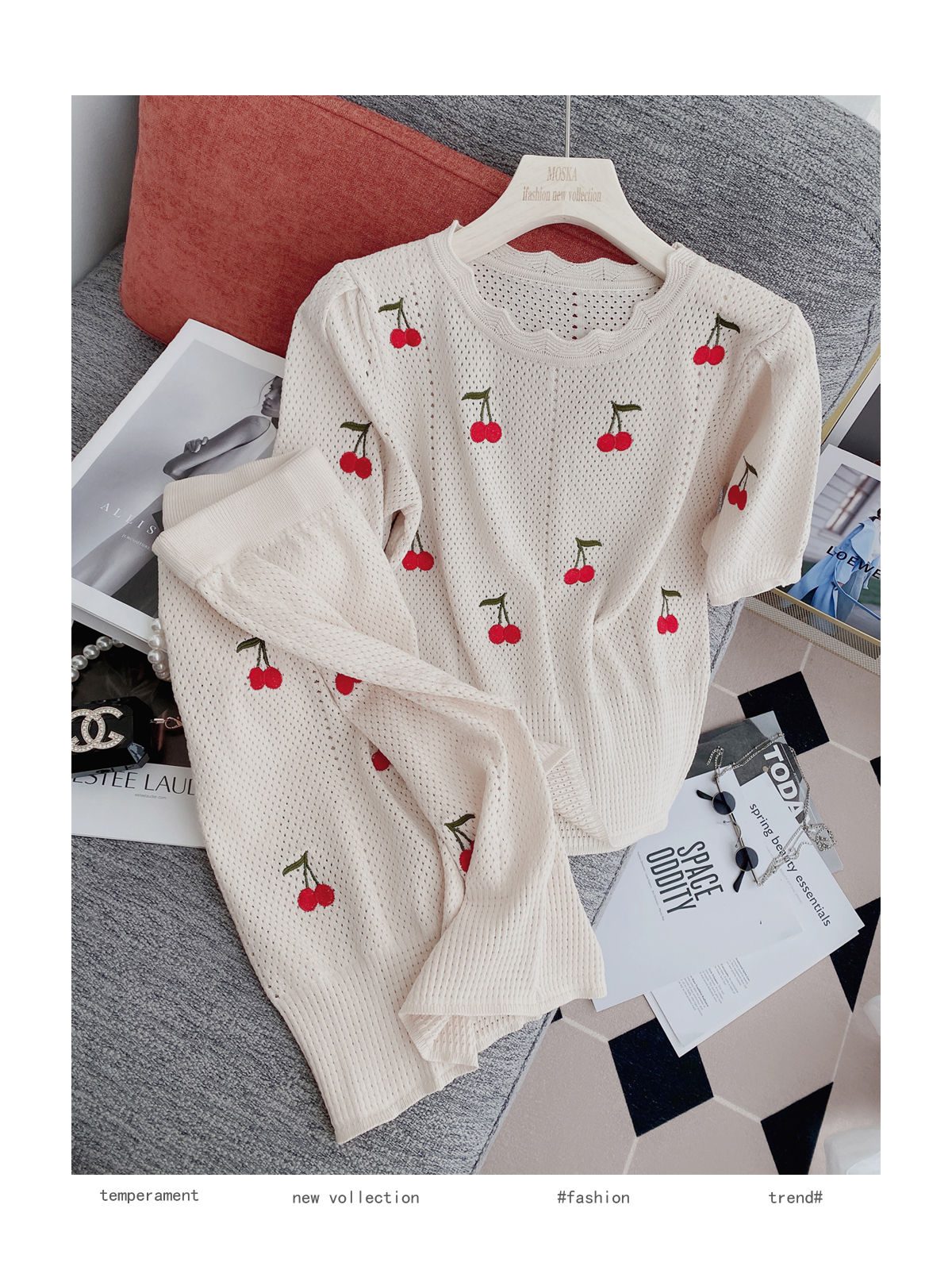 Knitting Suit Mini Skirt Summer Sweet Wind Girl Feeling Cherry Embroidery Women Short-Sleeved Blouse Hollow Out Two Piece Set