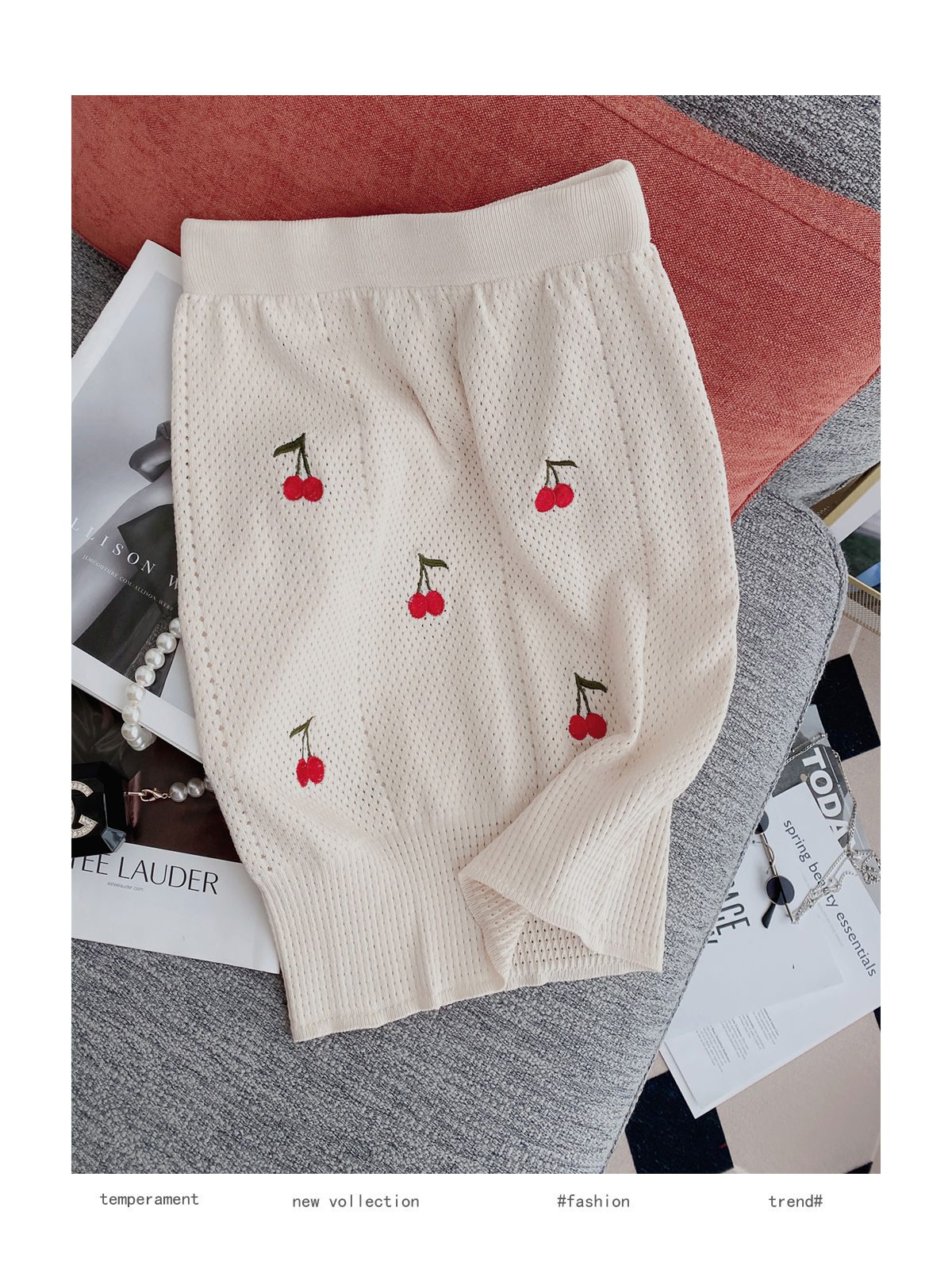 Knitting Suit Mini Skirt Summer Sweet Wind Girl Feeling Cherry Embroidery Women Short-Sleeved Blouse Hollow Out Two Piece Set