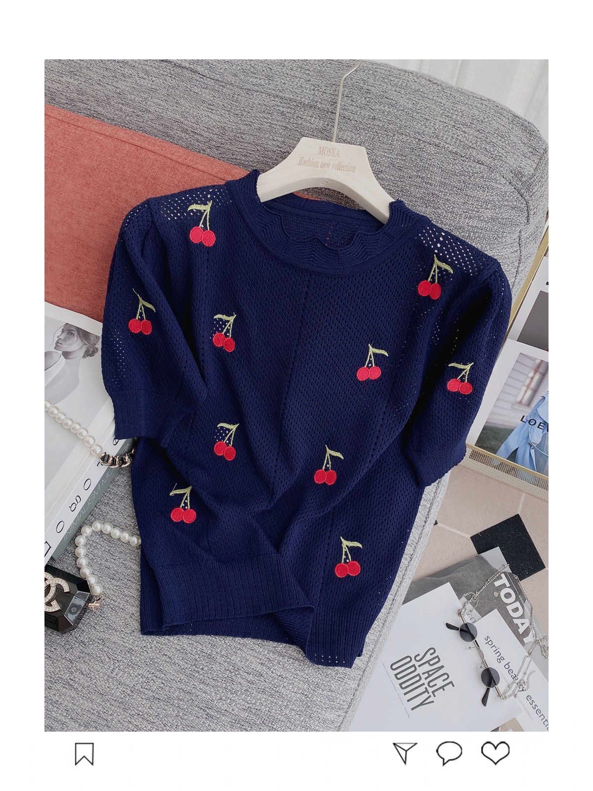 Knitting Suit Mini Skirt Summer Sweet Wind Girl Feeling Cherry Embroidery Women Short-Sleeved Blouse Hollow Out Two Piece Set