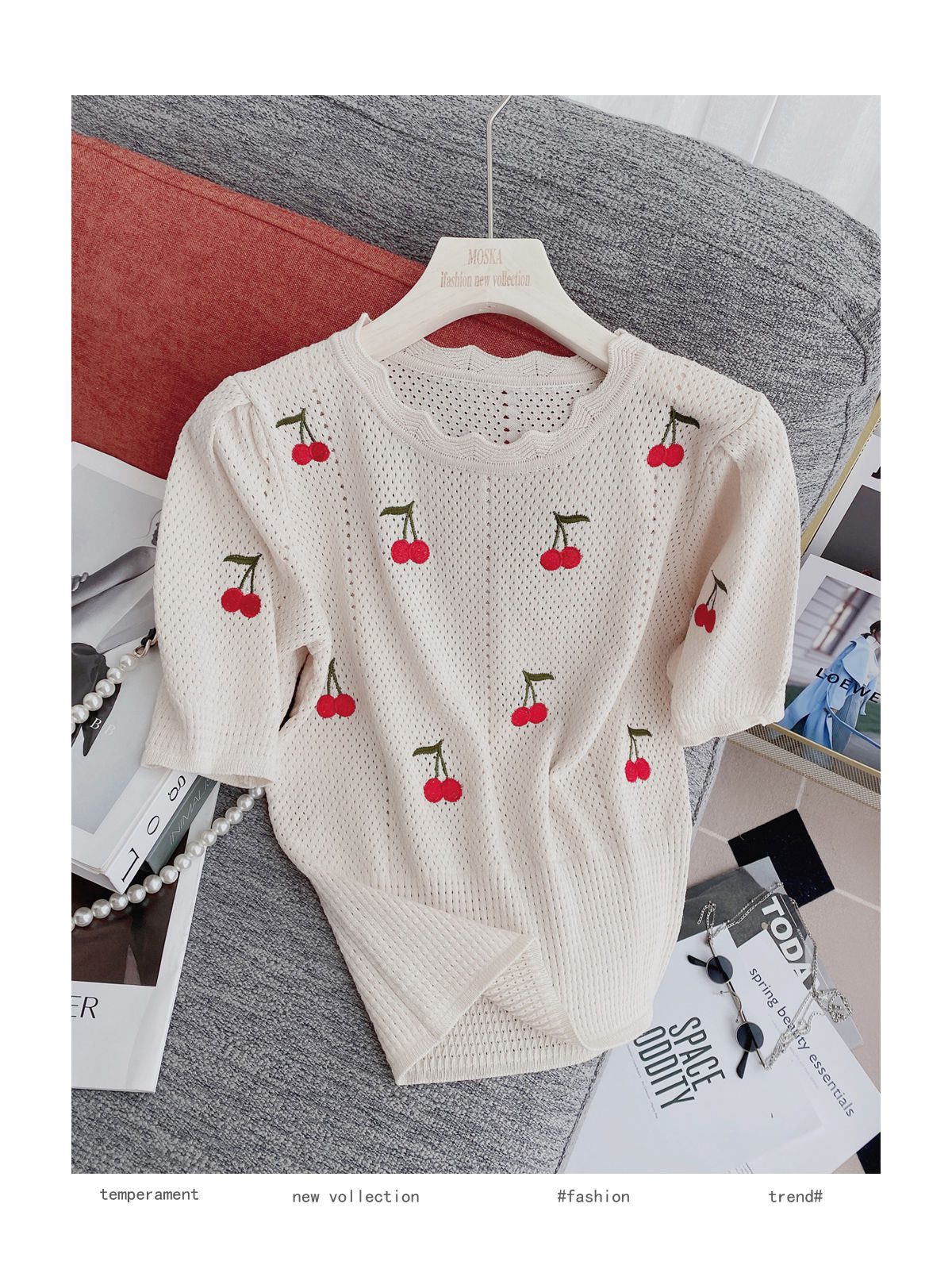 Knitting Suit Mini Skirt Summer Sweet Wind Girl Feeling Cherry Embroidery Women Short-Sleeved Blouse Hollow Out Two Piece Set