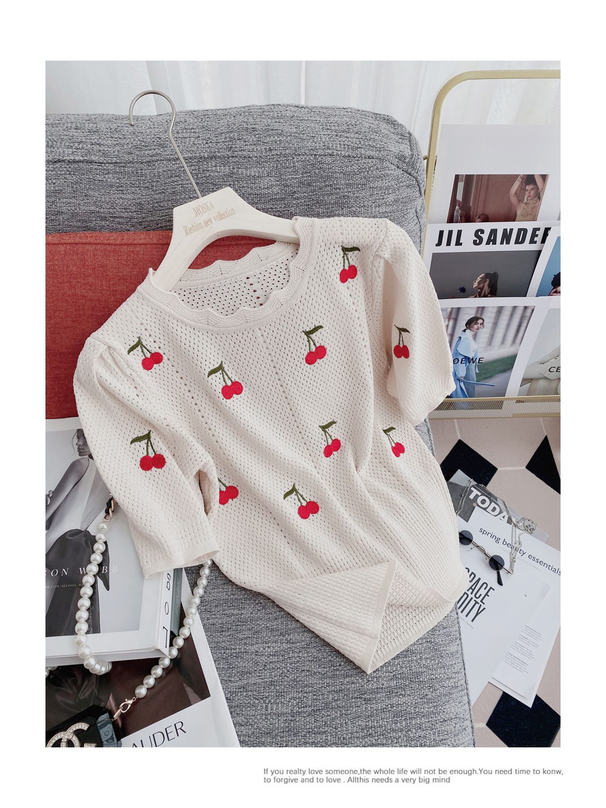 Knitting Suit Mini Skirt Summer Sweet Wind Girl Feeling Cherry Embroidery Women Short-Sleeved Blouse Hollow Out Two Piece Set