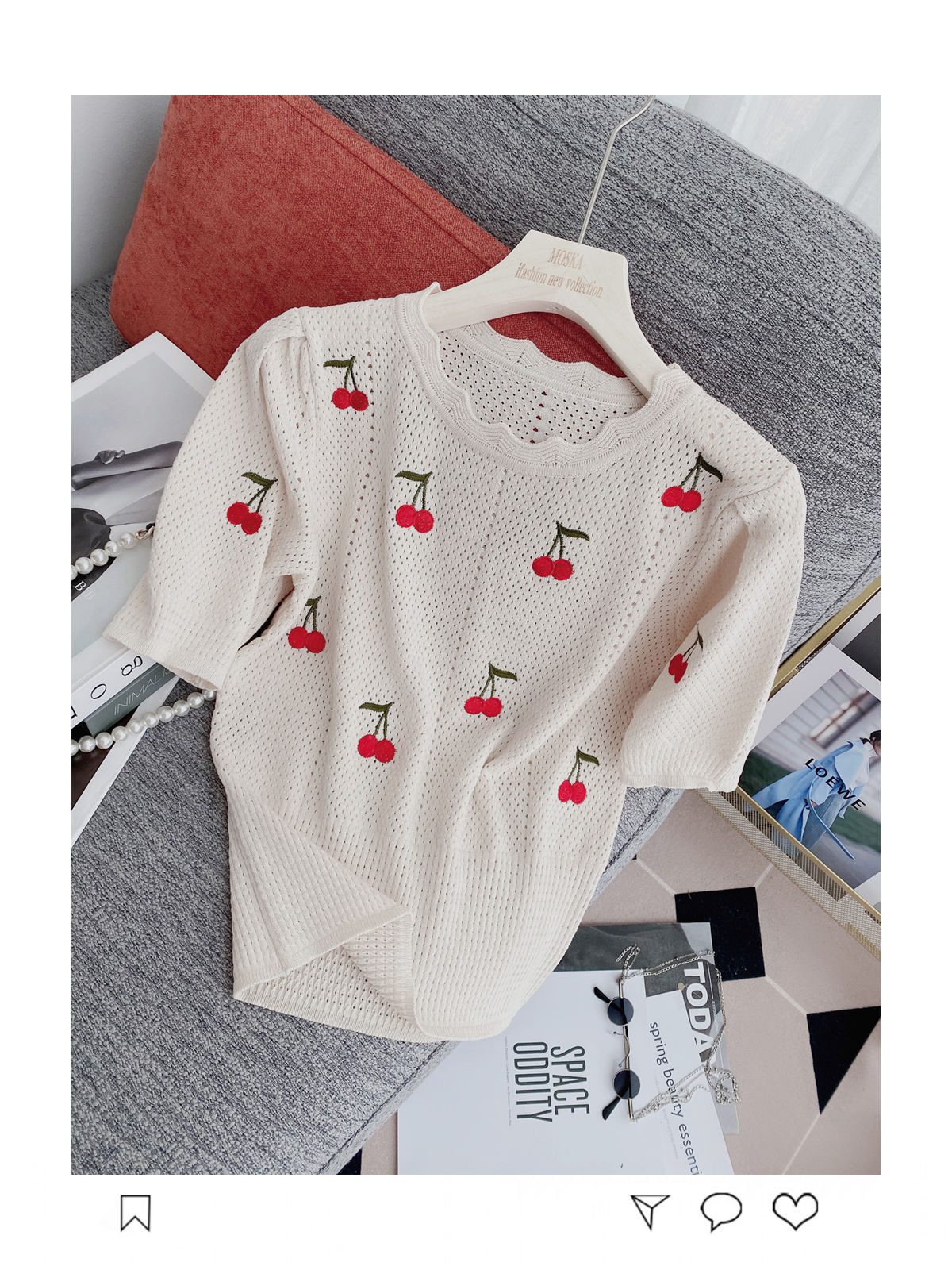 Knitting Suit Mini Skirt Summer Sweet Wind Girl Feeling Cherry Embroidery Women Short-Sleeved Blouse Hollow Out Two Piece Set