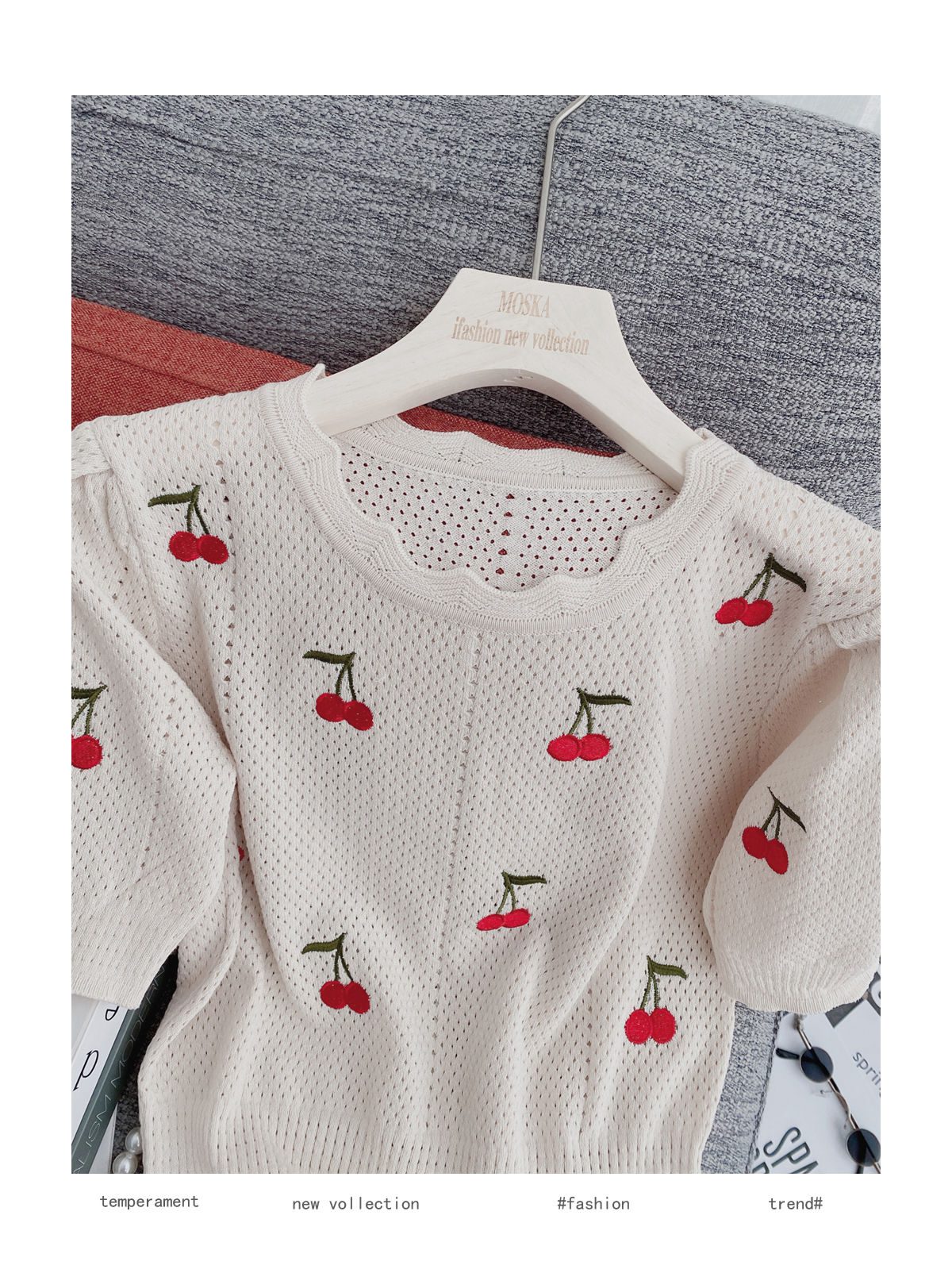 Knitting Suit Mini Skirt Summer Sweet Wind Girl Feeling Cherry Embroidery Women Short-Sleeved Blouse Hollow Out Two Piece Set