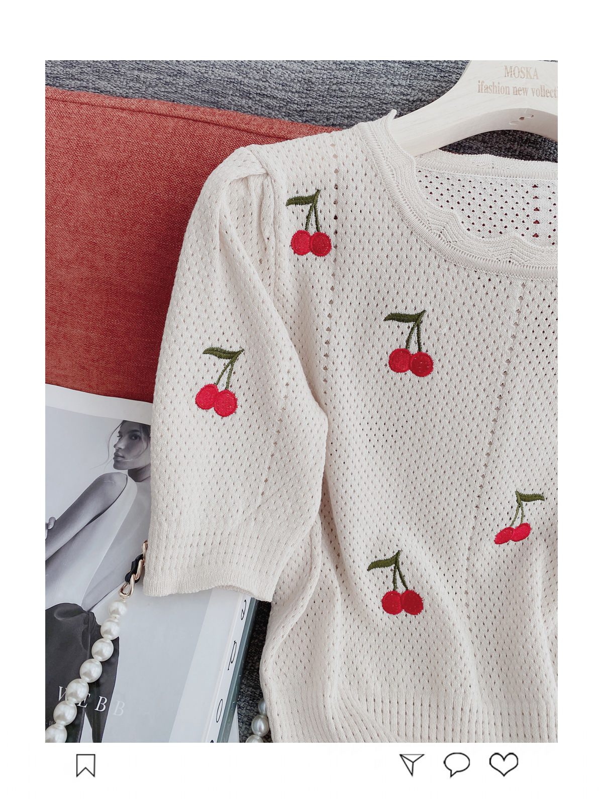 Knitting Suit Mini Skirt Summer Sweet Wind Girl Feeling Cherry Embroidery Women Short-Sleeved Blouse Hollow Out Two Piece Set