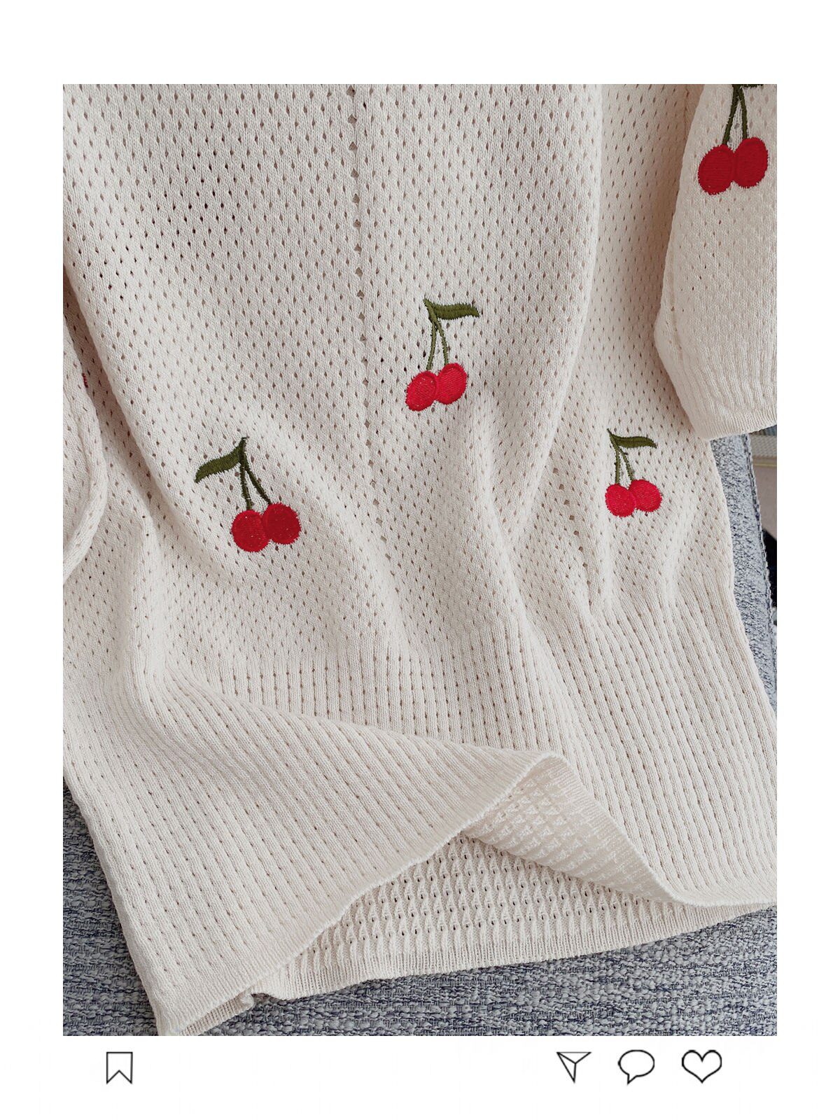 Knitting Suit Mini Skirt Summer Sweet Wind Girl Feeling Cherry Embroidery Women Short-Sleeved Blouse Hollow Out Two Piece Set