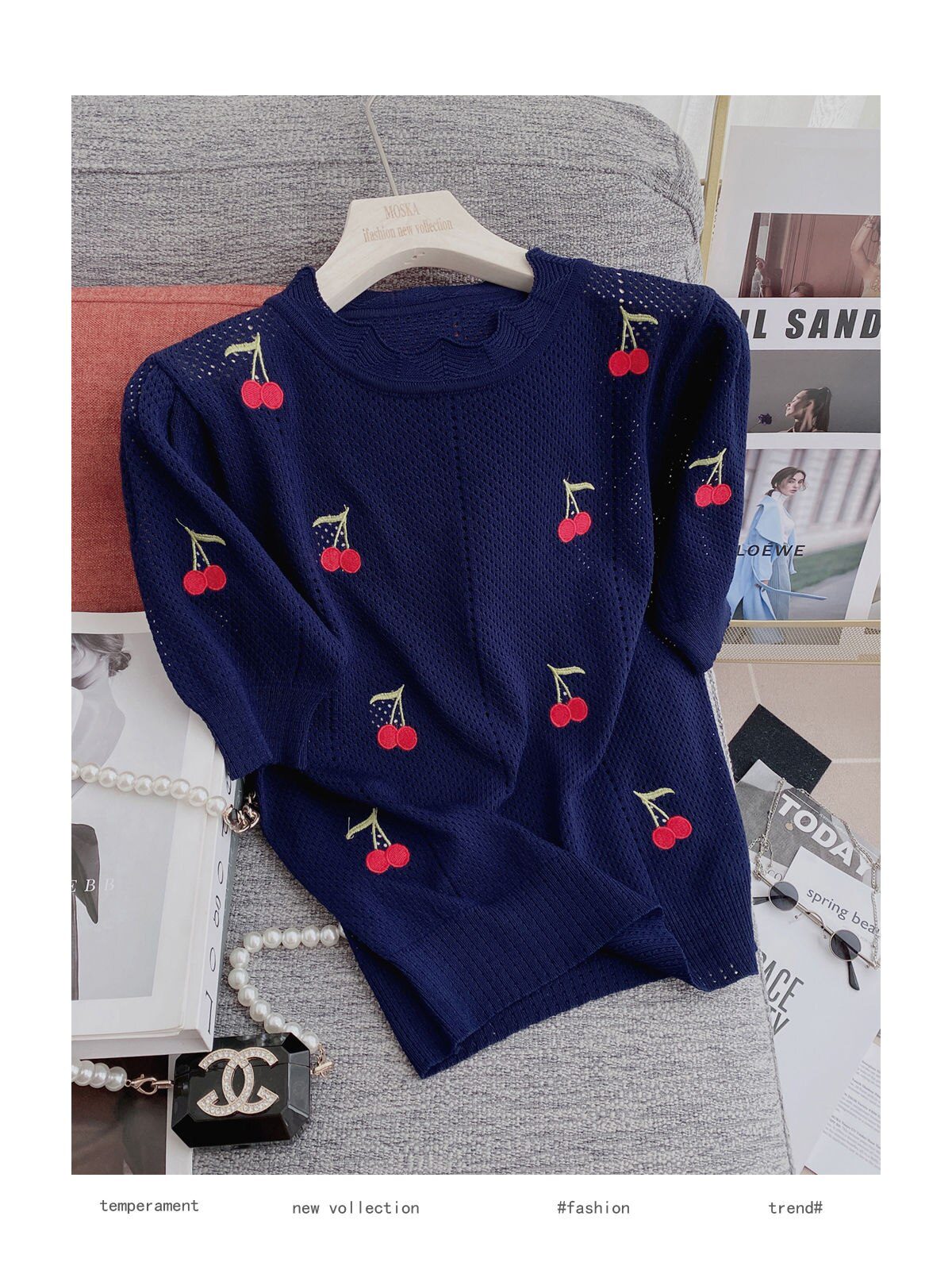 Knitting Suit Mini Skirt Summer Sweet Wind Girl Feeling Cherry Embroidery Women Short-Sleeved Blouse Hollow Out Two Piece Set