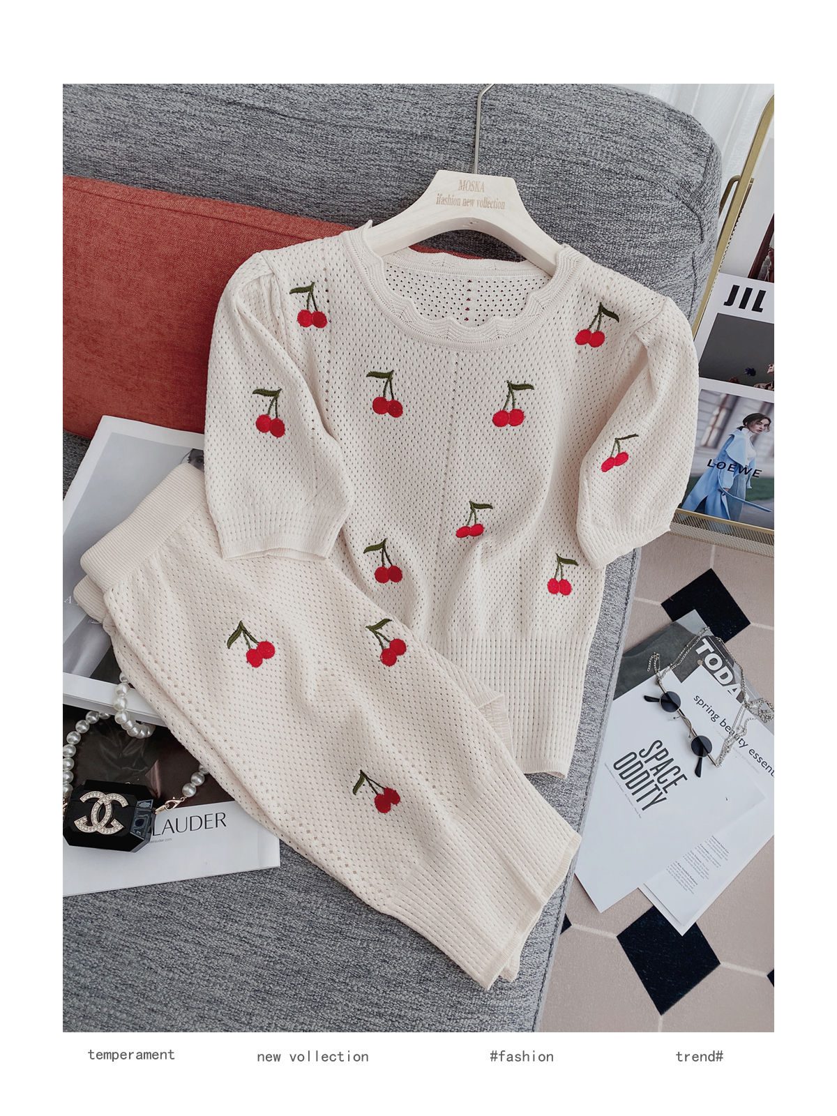 Knitting Suit Mini Skirt Summer Sweet Wind Girl Feeling Cherry Embroidery Women Short-Sleeved Blouse Hollow Out Two Piece Set