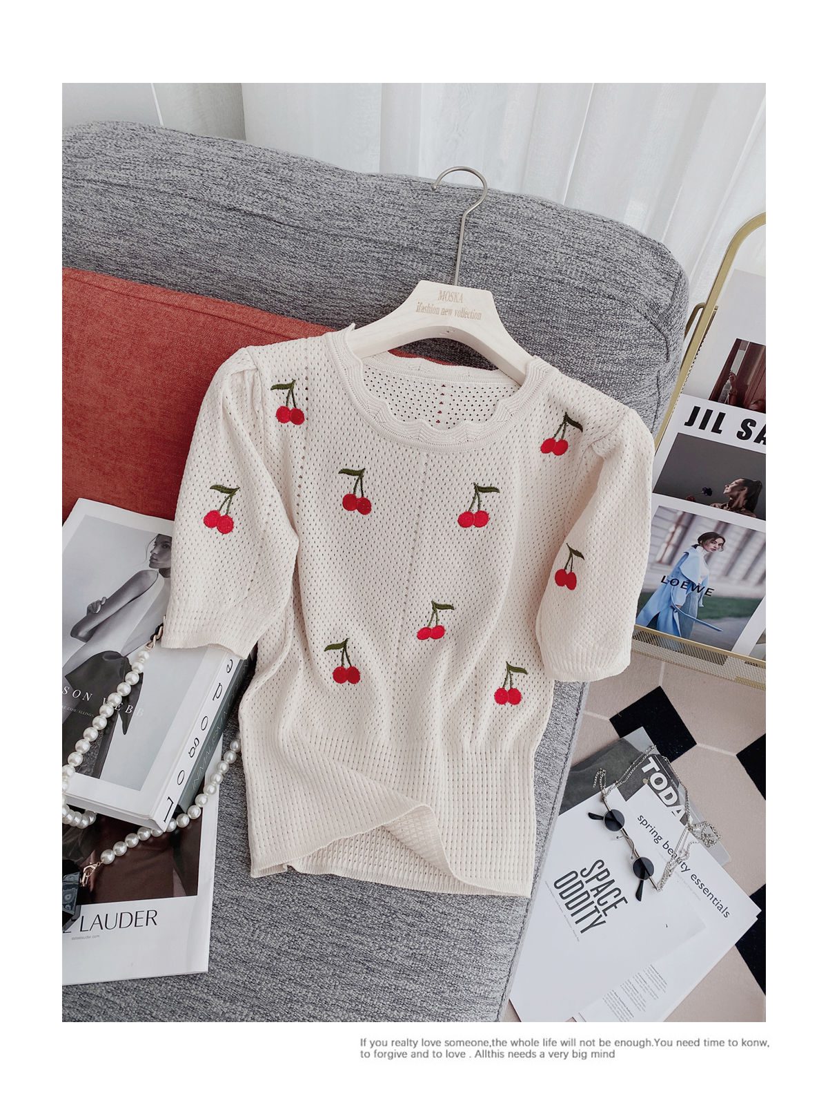 Knitting Suit Mini Skirt Summer Sweet Wind Girl Feeling Cherry Embroidery Women Short-Sleeved Blouse Hollow Out Two Piece Set