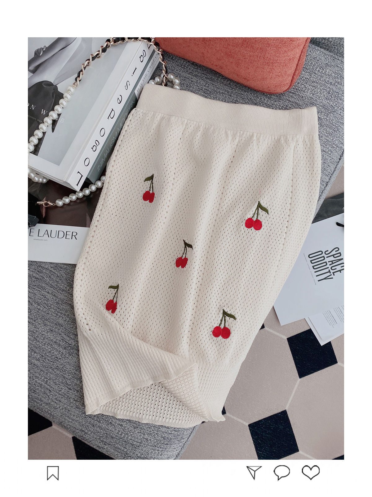 Knitting Suit Mini Skirt Summer Sweet Wind Girl Feeling Cherry Embroidery Women Short-Sleeved Blouse Hollow Out Two Piece Set