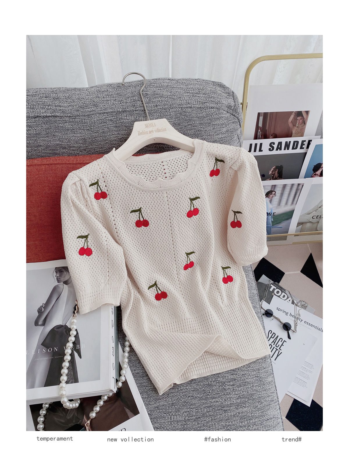 Knitting Suit Mini Skirt Summer Sweet Wind Girl Feeling Cherry Embroidery Women Short-Sleeved Blouse Hollow Out Two Piece Set