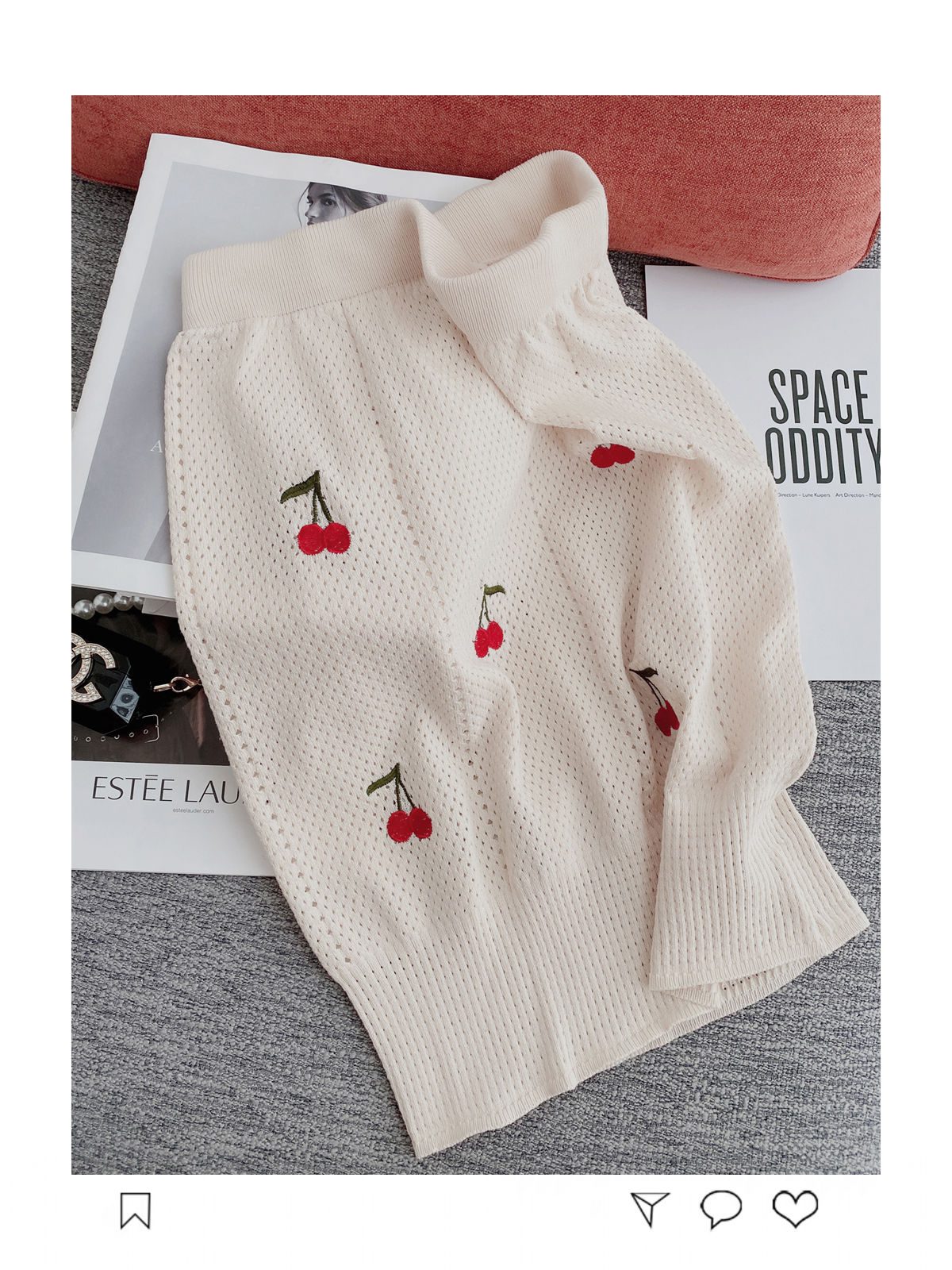 Knitting Suit Mini Skirt Summer Sweet Wind Girl Feeling Cherry Embroidery Women Short-Sleeved Blouse Hollow Out Two Piece Set