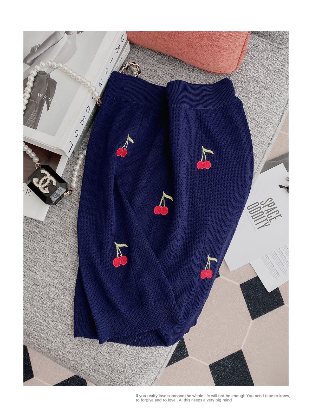 Knitting Suit Mini Skirt Summer Sweet Wind Girl Feeling Cherry Embroidery Women Short-Sleeved Blouse Hollow Out Two Piece Set