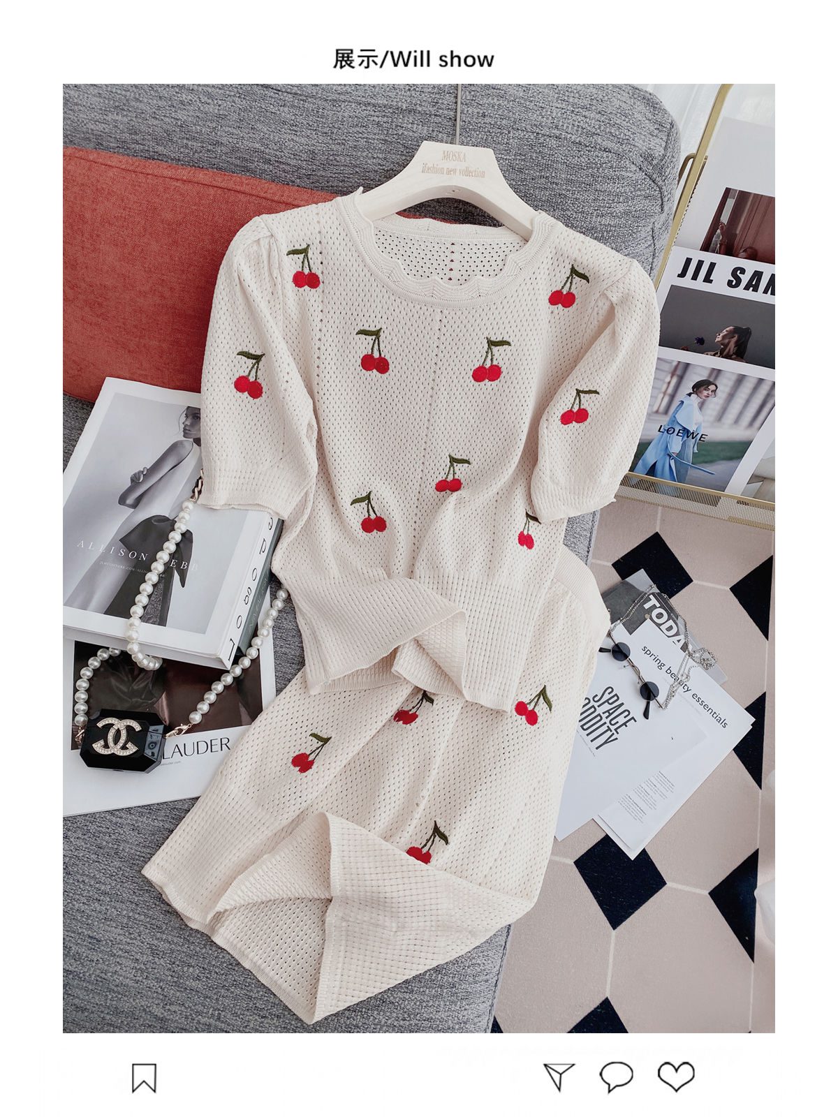 Knitting Suit Mini Skirt Summer Sweet Wind Girl Feeling Cherry Embroidery Women Short-Sleeved Blouse Hollow Out Two Piece Set