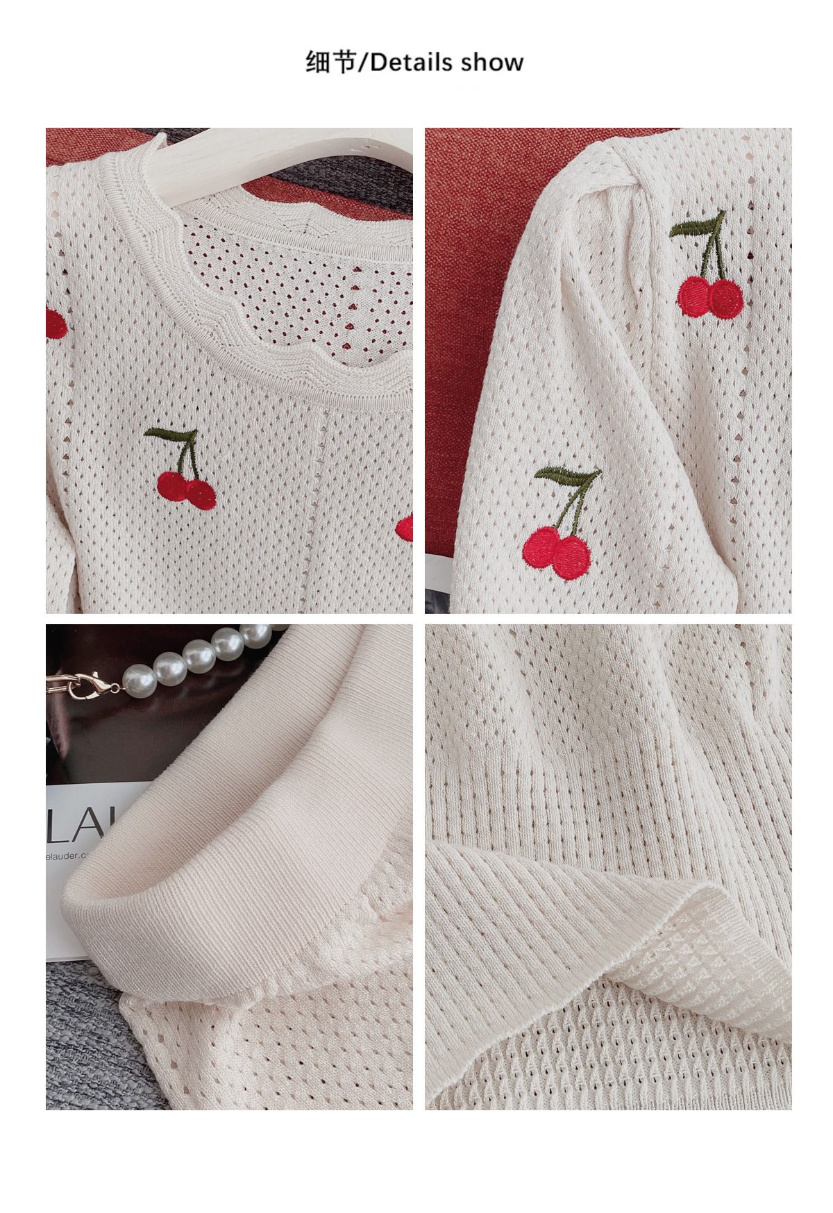 Knitting Suit Mini Skirt Summer Sweet Wind Girl Feeling Cherry Embroidery Women Short-Sleeved Blouse Hollow Out Two Piece Set