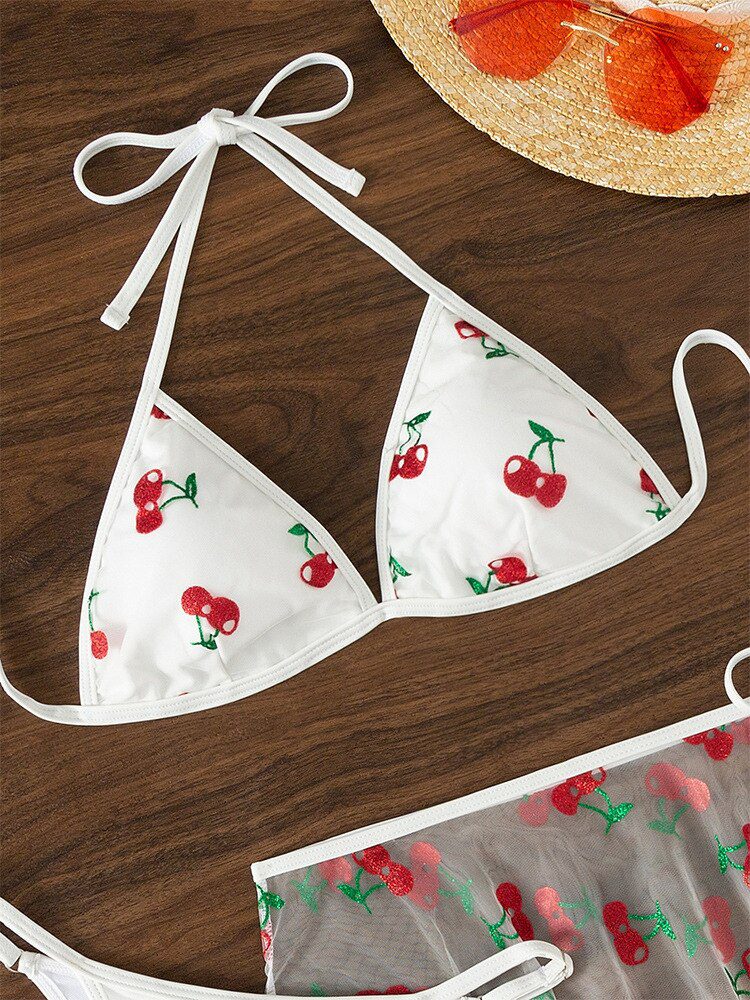 Women Bikini Three Piece Set Cherry Print Thong Lace Up Underwear And Sheer Mesh Beach Dress Brazilian Swimwear