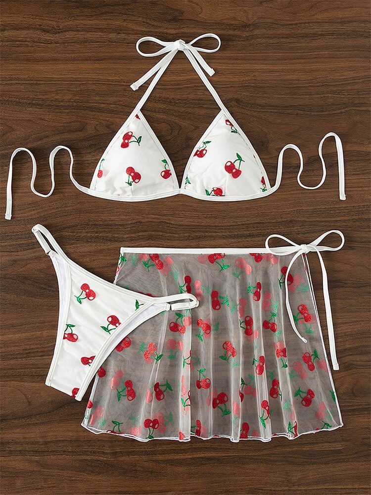 Women Bikini Three Piece Set Cherry Print Thong Lace Up Underwear And Sheer Mesh Beach Dress Brazilian Swimwear