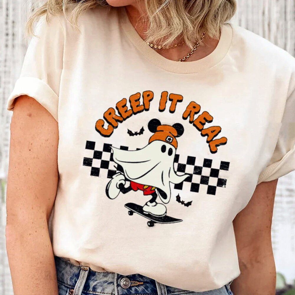 Creep it Real skateboard Cartoon Printing Funny Women T shirts Summer Short Sleeve Loose Cotton Tees Retro Style Casual Shirts