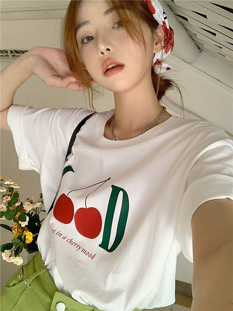 Jielur Summer New Retro Cherry Print Cute T-shirts Women Loose Korean Basic Short-sleeved Female T-shirt Girls White Black Tops