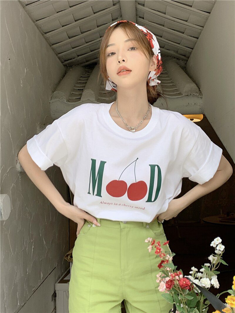 Jielur Summer New Retro Cherry Print Cute T-shirts Women Loose Korean Basic Short-sleeved Female T-shirt Girls White Black Tops