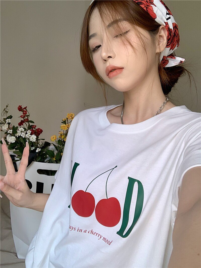 Jielur Summer New Retro Cherry Print Cute T-shirts Women Loose Korean Basic Short-sleeved Female T-shirt Girls White Black Tops