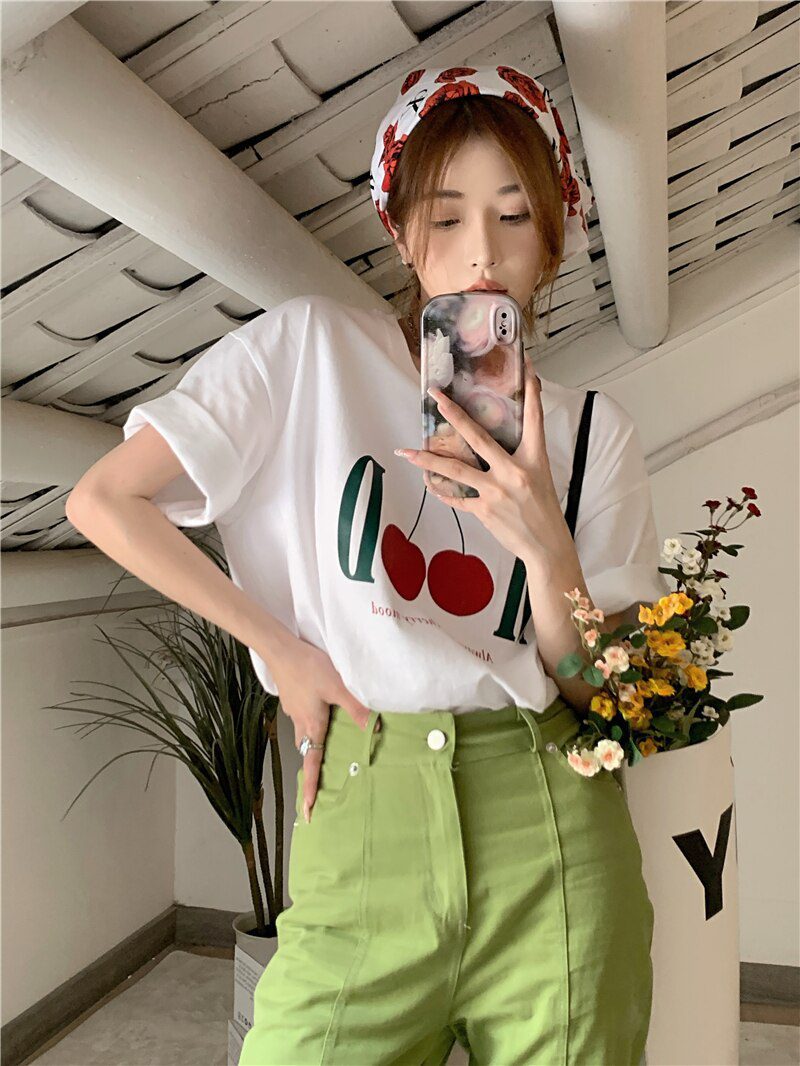 Jielur Summer New Retro Cherry Print Cute T-shirts Women Loose Korean Basic Short-sleeved Female T-shirt Girls White Black Tops