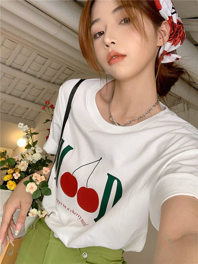 Jielur Summer New Retro Cherry Print Cute T-shirts Women Loose Korean Basic Short-sleeved Female T-shirt Girls White Black Tops