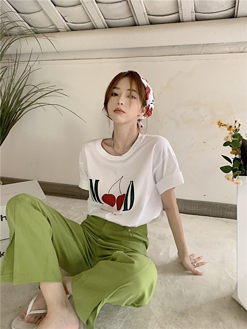 Jielur Summer New Retro Cherry Print Cute T-shirts Women Loose Korean Basic Short-sleeved Female T-shirt Girls White Black Tops