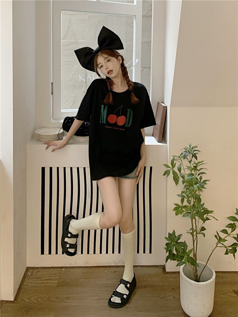 Jielur Summer New Retro Cherry Print Cute T-shirts Women Loose Korean Basic Short-sleeved Female T-shirt Girls White Black Tops