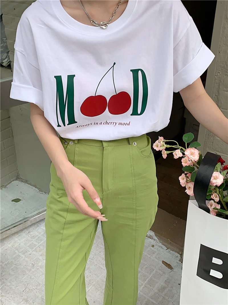 Jielur Summer New Retro Cherry Print Cute T-shirts Women Loose Korean Basic Short-sleeved Female T-shirt Girls White Black Tops