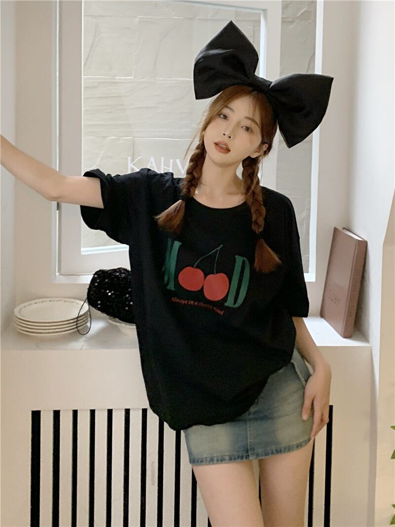 Jielur Summer New Retro Cherry Print Cute T-shirts Women Loose Korean Basic Short-sleeved Female T-shirt Girls White Black Tops