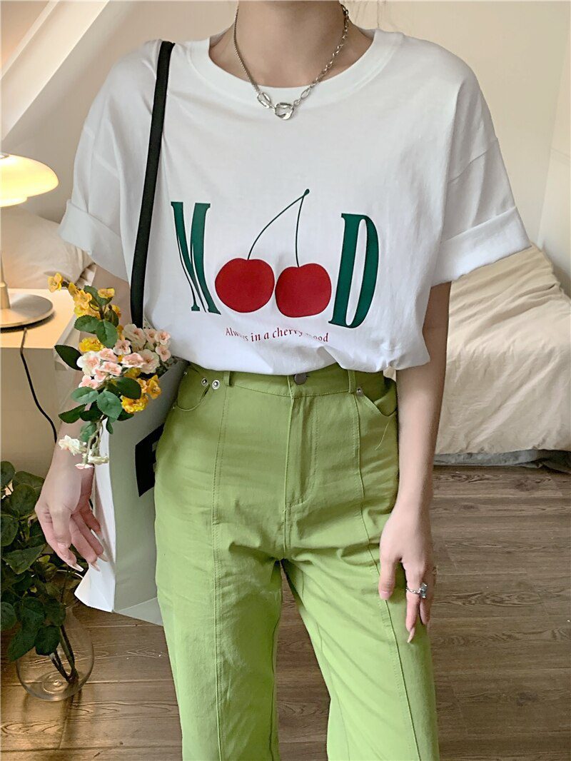 Jielur Summer New Retro Cherry Print Cute T-shirts Women Loose Korean Basic Short-sleeved Female T-shirt Girls White Black Tops