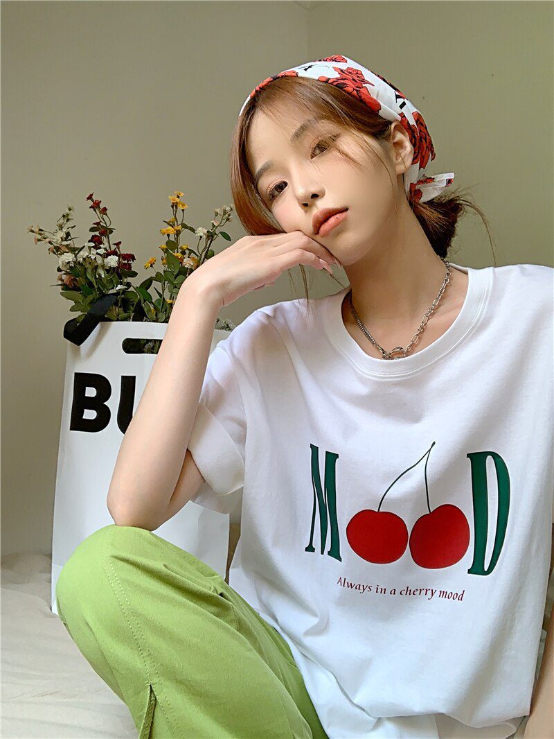 Jielur Summer New Retro Cherry Print Cute T-shirts Women Loose Korean Basic Short-sleeved Female T-shirt Girls White Black Tops