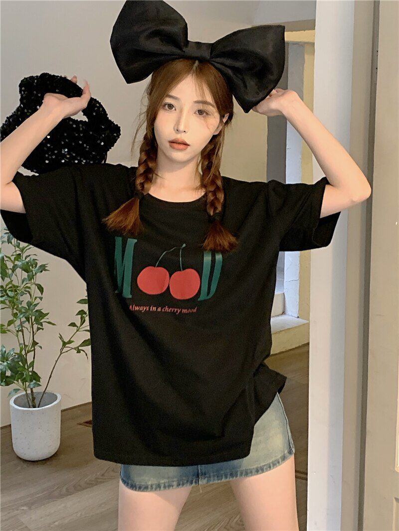 Jielur Summer New Retro Cherry Print Cute T-shirts Women Loose Korean Basic Short-sleeved Female T-shirt Girls White Black Tops