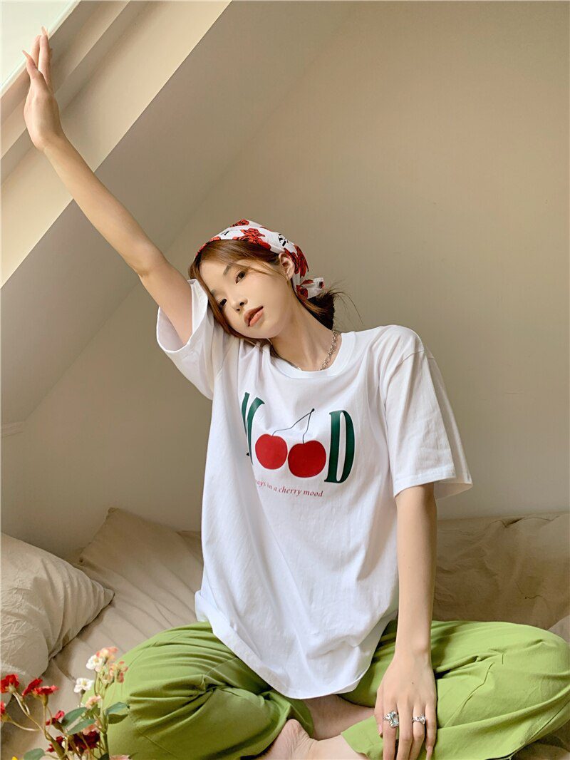 Jielur Summer New Retro Cherry Print Cute T-shirts Women Loose Korean Basic Short-sleeved Female T-shirt Girls White Black Tops