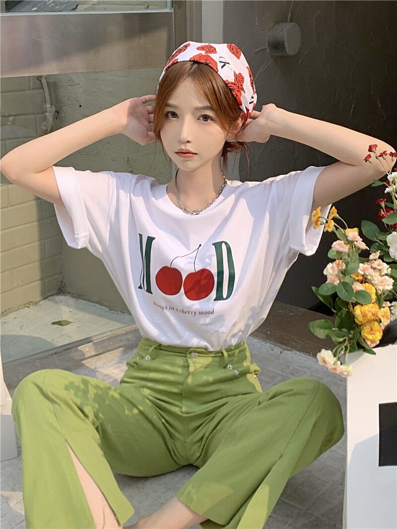 Jielur Summer New Retro Cherry Print Cute T-shirts Women Loose Korean Basic Short-sleeved Female T-shirt Girls White Black Tops