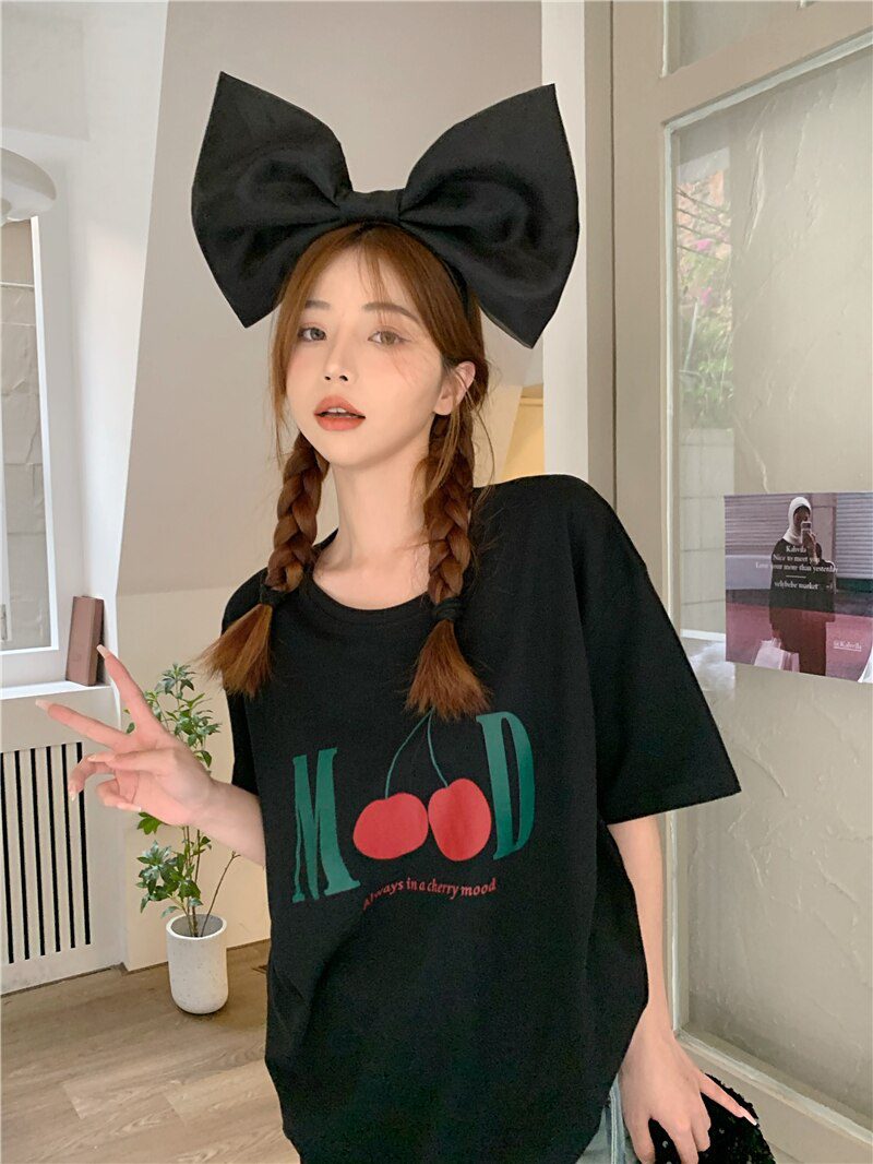 Jielur Summer New Retro Cherry Print Cute T-shirts Women Loose Korean Basic Short-sleeved Female T-shirt Girls White Black Tops