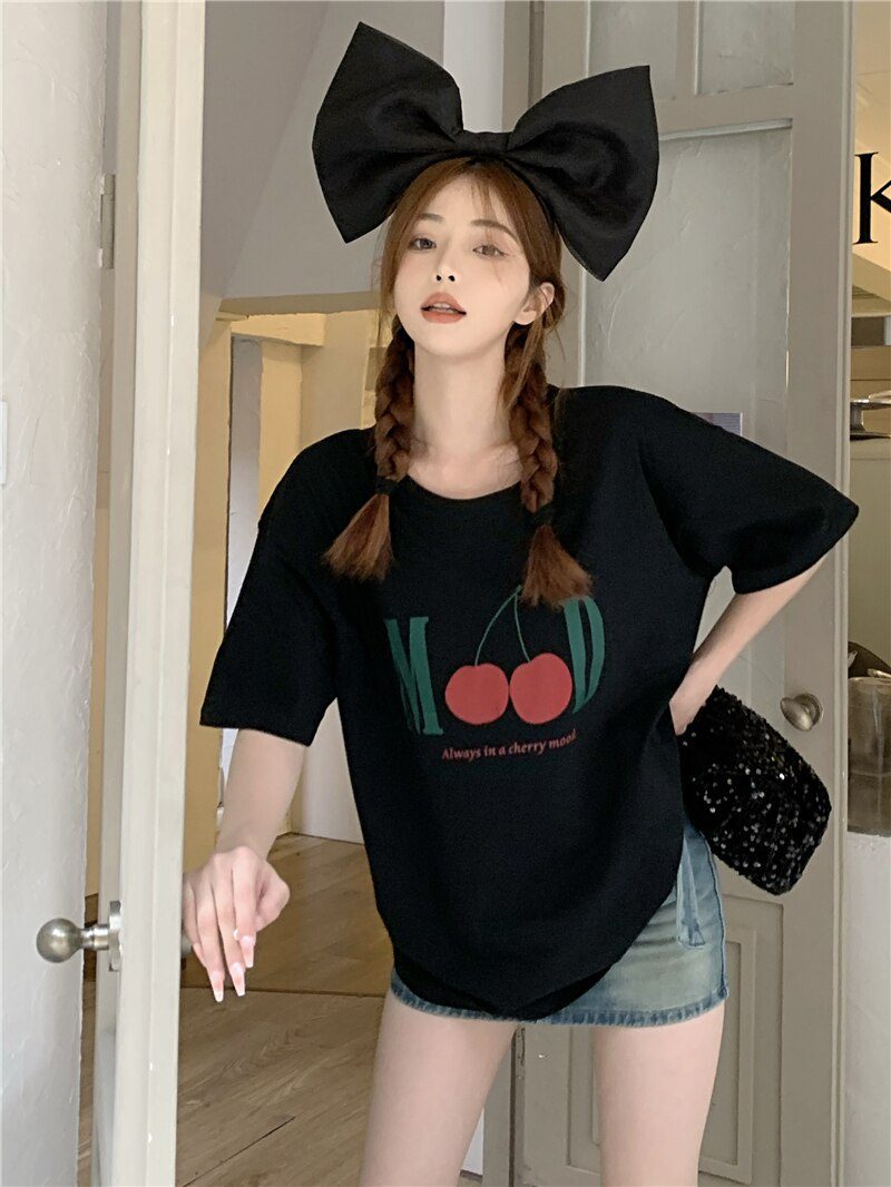 Jielur Summer New Retro Cherry Print Cute T-shirts Women Loose Korean Basic Short-sleeved Female T-shirt Girls White Black Tops