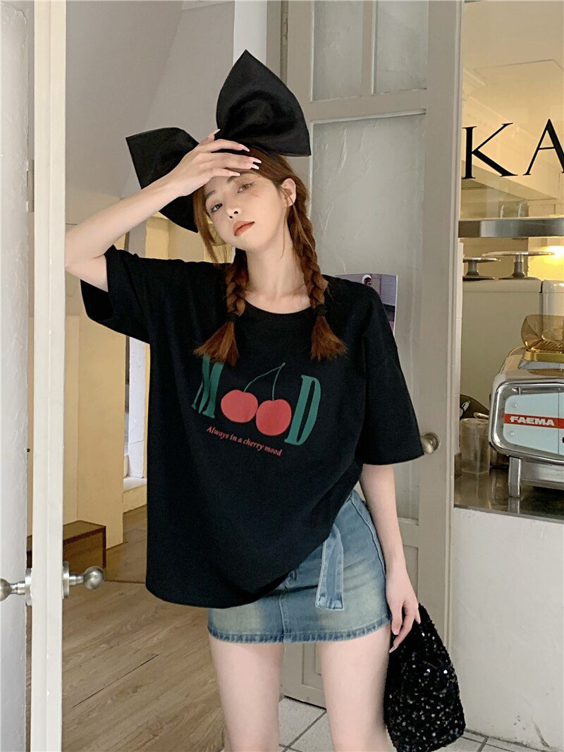 Jielur Summer New Retro Cherry Print Cute T-shirts Women Loose Korean Basic Short-sleeved Female T-shirt Girls White Black Tops