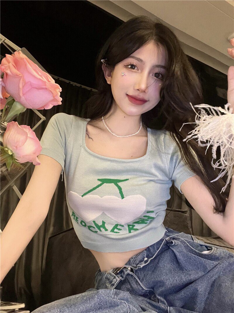 Jielur Knitted Summer Short T-Shirt Women 2022 New Short Sleeve Cherry Jacquard Crop Top Slim Chic Korean Sexy Lady T shirts