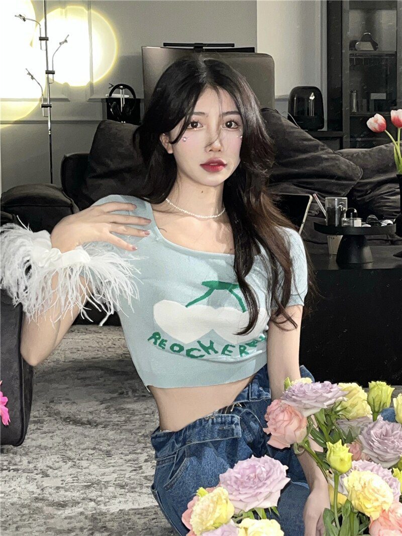 Jielur Knitted Summer Short T-Shirt Women 2022 New Short Sleeve Cherry Jacquard Crop Top Slim Chic Korean Sexy Lady T shirts