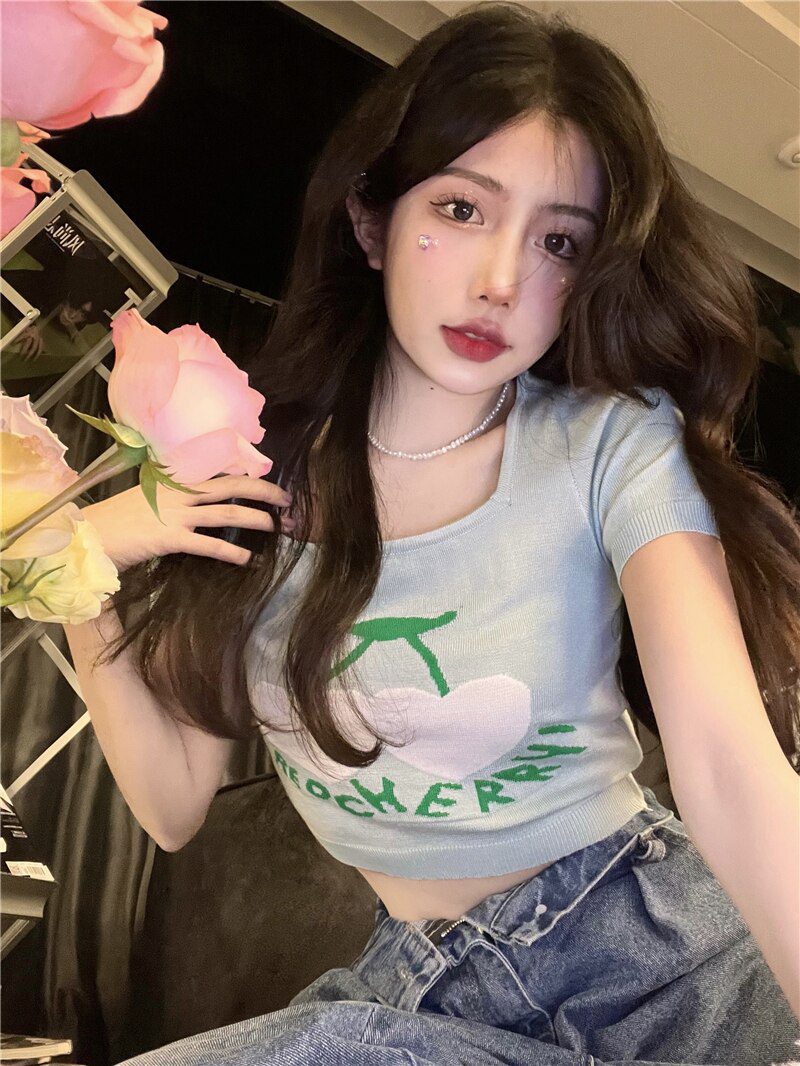 Jielur Knitted Summer Short T-Shirt Women 2022 New Short Sleeve Cherry Jacquard Crop Top Slim Chic Korean Sexy Lady T shirts