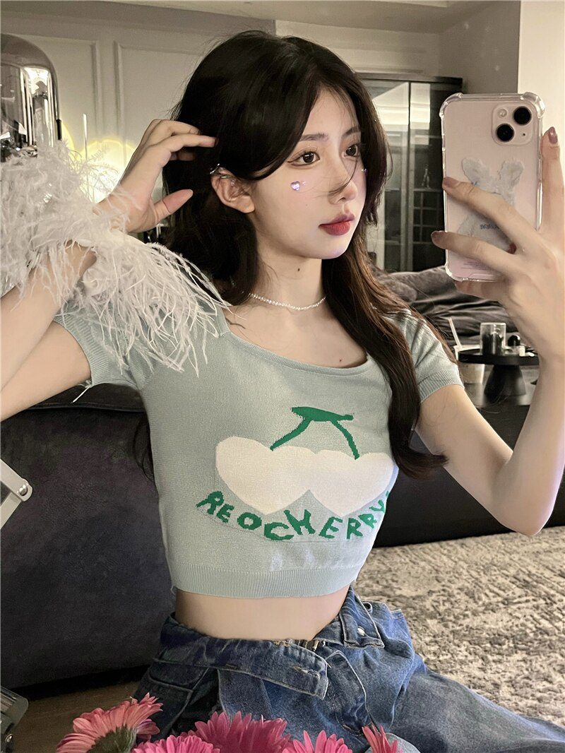 Jielur Knitted Summer Short T-Shirt Women 2022 New Short Sleeve Cherry Jacquard Crop Top Slim Chic Korean Sexy Lady T shirts