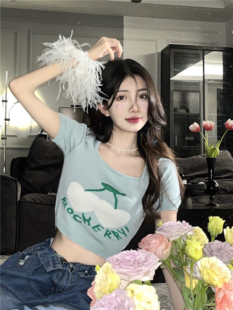 Jielur Knitted Summer Short T-Shirt Women 2022 New Short Sleeve Cherry Jacquard Crop Top Slim Chic Korean Sexy Lady T shirts