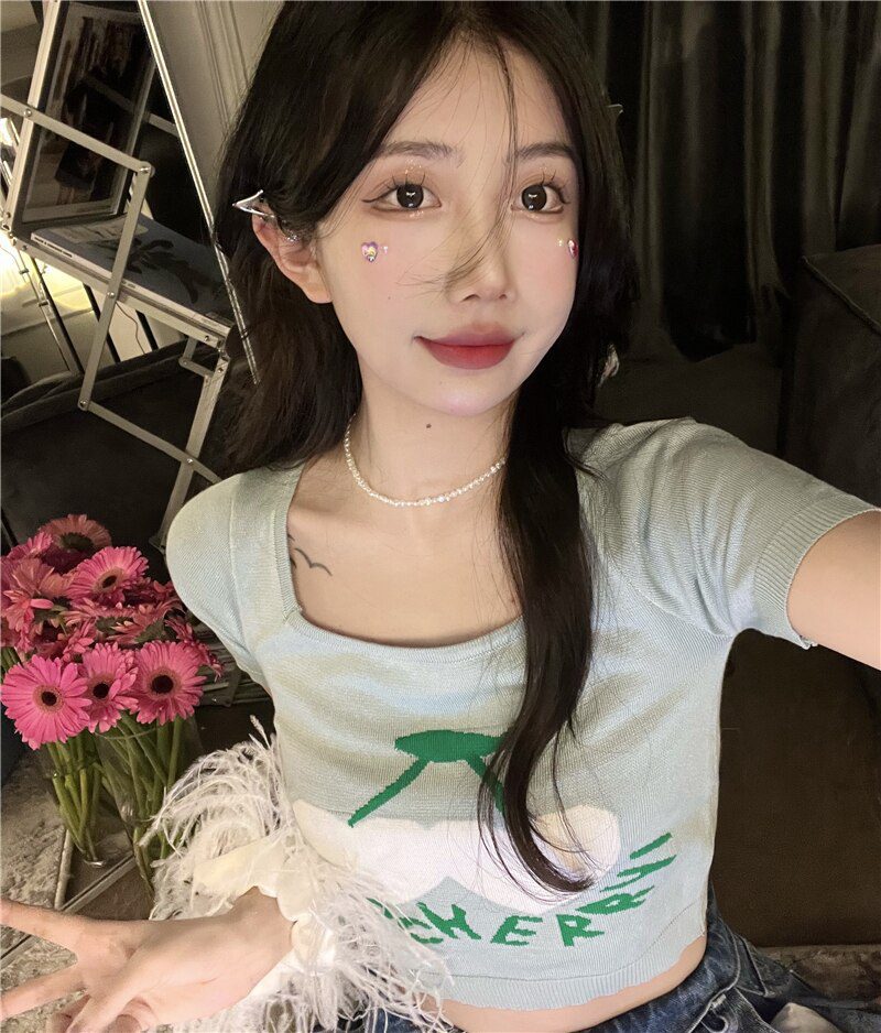 Jielur Knitted Summer Short T-Shirt Women 2022 New Short Sleeve Cherry Jacquard Crop Top Slim Chic Korean Sexy Lady T shirts